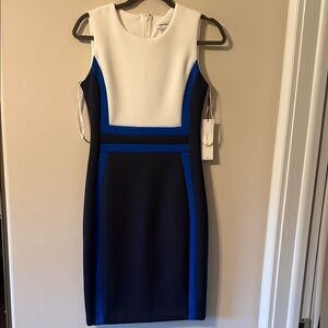 Calvin Klein White, Royal Blue & Black Colorblock Midi Sheath Dress